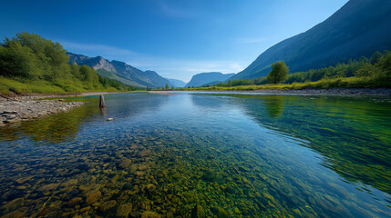 Fly fisherman waist-deep in crystal river, trout visible under surface, mountain backdrop, serene sport scene, with copy space