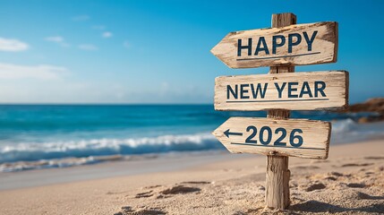 2026 Coastal New Year Celebration with Rustic Wooden Signpost on Tranquil Beach, Holiday and Inspirational Concept