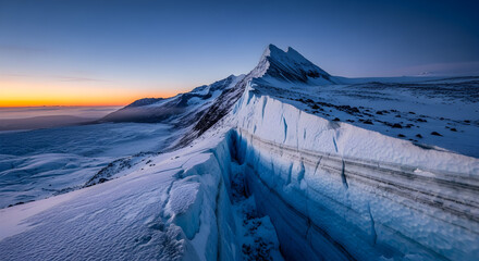 Snowy mountain ridge at sunset with a sharp peak and a deep crevasse in the foreground.
