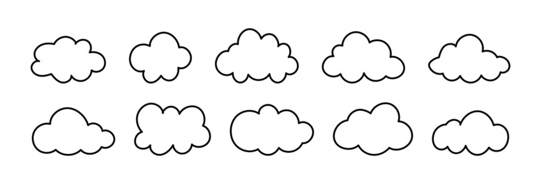 Clouds outline icon collection. Doodle fluffy clouds set. Puffy, cumulus clouds patterns. Cloudy forms in black thin contour. Weather element templates. Hand drawn cute flat icons. Objects cloudscape.