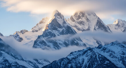 Majestic snow-capped mountains pierce through soft clouds under a golden sunrise.
