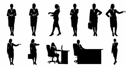 Collection of Businesswoman Silhouettes in Various Poses and Actions.
