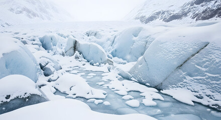 A vast, icy landscape with a glacier and frozen water, showcasing the raw beauty of a winter environment.