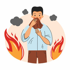 man covers his face with cloth. Protection against carbon monoxide poisoning. Fire safety measures.