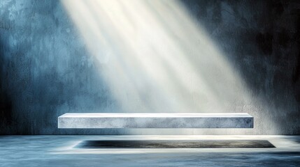 A floating concrete shelf is illuminated by dramatic shafts of light against a textured concrete wall and floor.