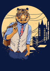 Anthropomorphic tiger businessman in shirt and tie against city