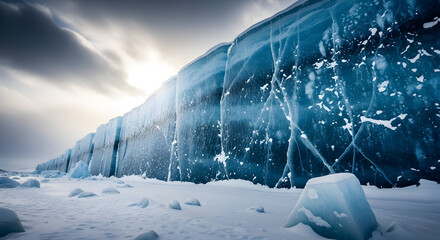 Dramatic view of a towering blue ice wall on a frozen lake under a cloudy sky with sunlight breaking through.
