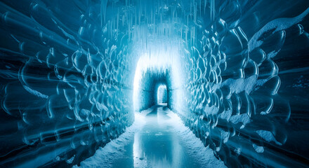 A stunning, icy tunnel with a bright light at the end, creating a mesmerizing perspective.