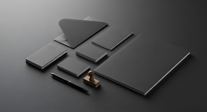 Dark corporate branding identity mockup set with various stationery items, including letterhead, business cards, and envelopes, on a sleek black background, ideal for professional presentations