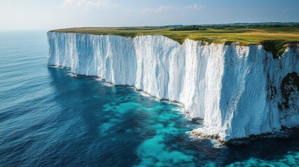 Majestic chalk cliffs rise from turquoise waters, topped by verdant grassy plateau under a blue sky