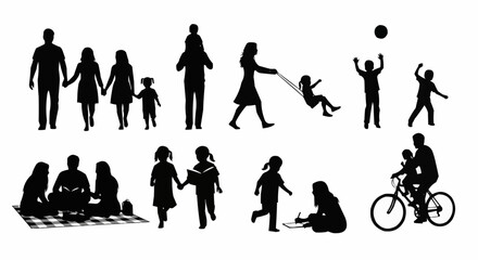 Family silhouettes enjoying various activities together in different settings.