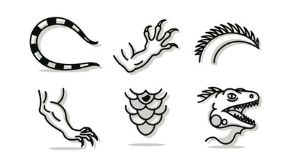 Stylized illustration of various animal forms and decorative elements
