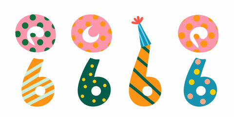 Colorful number six illustrations for birthday or anniversary celebrations