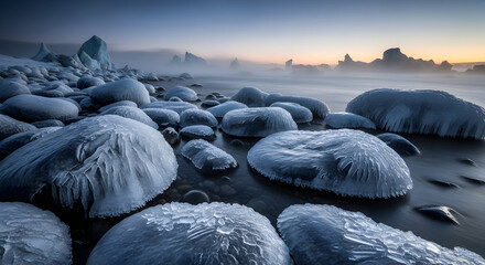 Ice-covered stones on a desolate arctic shoreline at misty twilight.