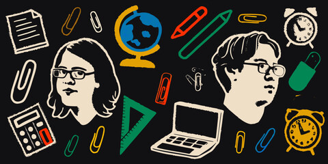 Drawn back to school illustration with students and school supplies