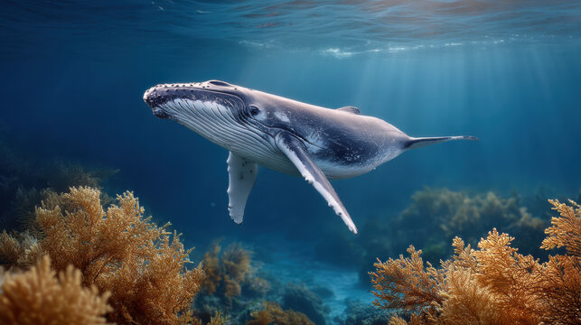 Stunning underwater scene featuring a majestic whale swimming through vibrant coral reefs and diverse marine life in crystal-clear ocean waters