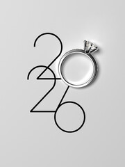 Elegant 2026 New Year wedding background with luxury diamond engagement ring. 3D render illustration.