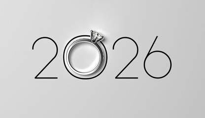 Elegant 2026 New Year wedding background with luxury diamond engagement ring. 3D render illustration.