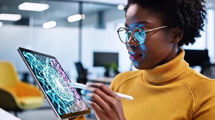 Woman with glasses and a stylus interacting with a digital tablet displaying abstract art - Powered by Adobe