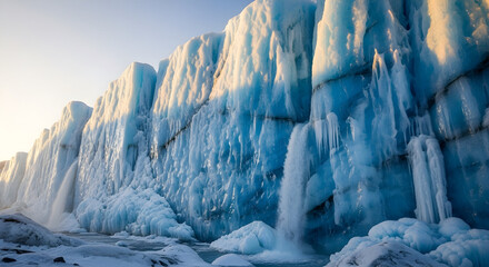 A massive glacier face with meltwater cascading down its icy blue surface during a crisp sunrise.
