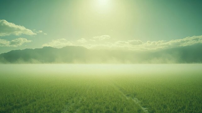 Misty field bathed in sunlight, with mountains on horizon and subtle trails