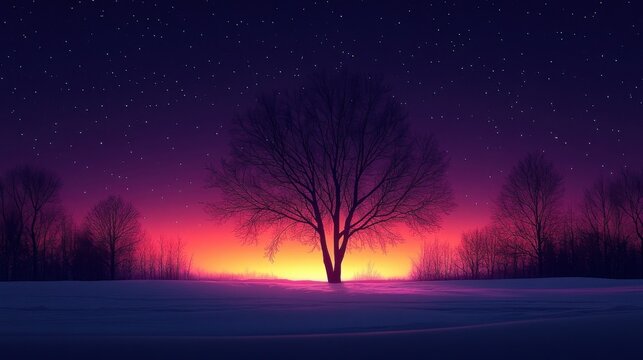 A lone, bare tree stands silhouetted against a vibrant sunset over a snowy field, under a starry sky