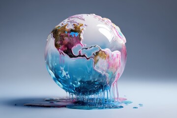 Colorful globe melting on a blue surface showcasing artistic global representation