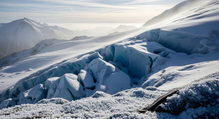 Snowy mountain landscape with glacier and distant peaks under a bright sky.
