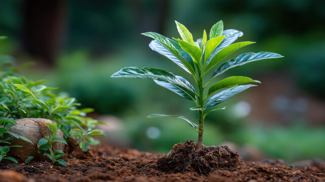 Healthy plant seedling thriving in rich soil with vibrant green leaves, showcasing growth, nature, and eco-friendly horticultural practices in outdoor environment