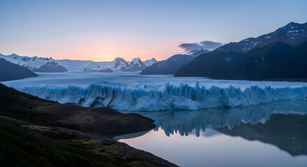 A vast glacier with towering ice walls reflecting in a calm lake at twilight, surrounded by dark mountains under a colorful sky.