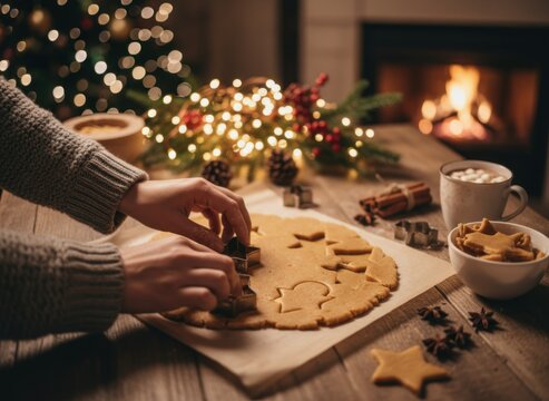 Person cutting cookie dough on a wooden table, fireplace and lights in background - Powered by Adobe
