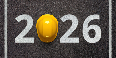 Creative 2026 New Year design template with yellow protective helmet and grey asphalt background. 3D render illustration on an engineering, logistics or road construction theme.