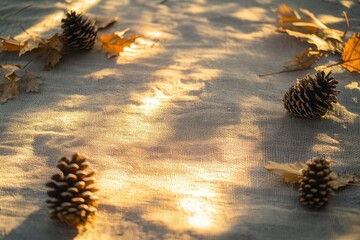 A beautiful Autumn Nature Scene showcasing vibrant Pine Cones and colorful Leaves