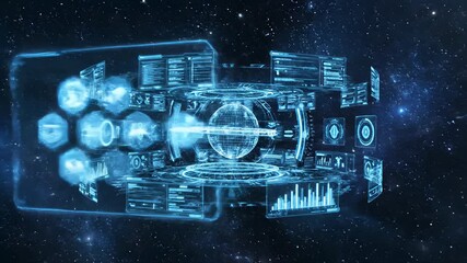 Futuristic digital interface with glowing blue circuits and data visualizations against a starry night sky background. - Powered by Adobe