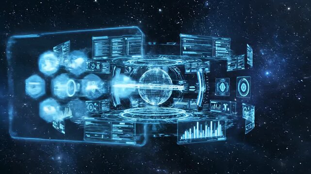 Futuristic digital interface with glowing blue circuits and data visualizations against a starry night sky background. - Powered by Adobe