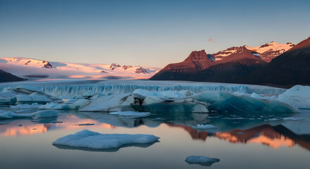 Icebergs floating in a tranquil glacial lagoon with mountains reflecting in the calm water at sunrise.