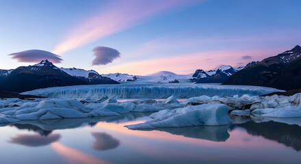 A serene landscape captures a glacier's beauty, reflecting in calm water under a colorful sky.