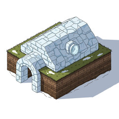 Isometric Stone Structure with Circular Window and Archway Entry Cartoon