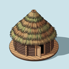 Isometric thatched hut structure depicting an primitive era building design
