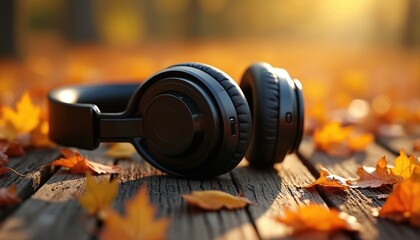 Black headphones rest on weathered wood planks covered with vibrant autumn leaves. Sunlight filters through trees creating warm, golden atmosphere. Perfect for music playlists, seasonal themes,