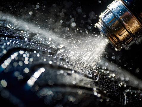 Close-up of a bottle dispensing lubricant or cleaning solution onto a surface with water droplets