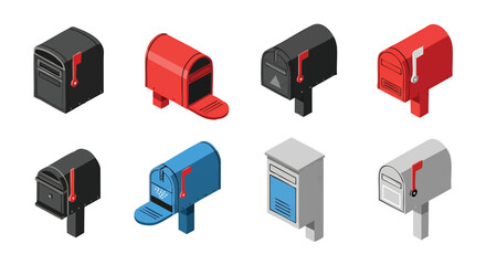Isometric Mailbox Collection Vector Illustration of Post Office Boxes Set