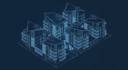 Architectural blueprint of modern residential complex showcasing sustainable design concept