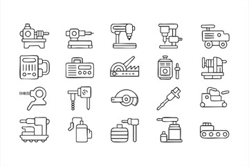 Power tool outline icons for manufacturing systems and engineering dashboards
