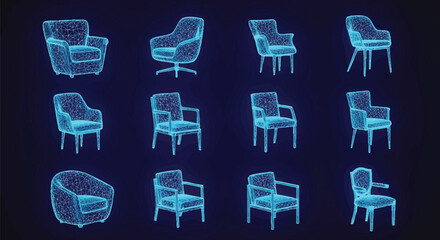 Digital Armchair Collection Wireframe Blue on Dark Background Design Style