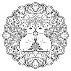 Obraz premium Rabbit Love Mandala: Two adorable rabbits are tenderly close in a mandala of intricate design, embracing each other to show love. this illustration evokes warmth and affection.