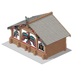 Stylized rendering of a pacific northwest indigenous longhouse illustration