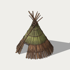 Minimalist Illustration of a Straw and Branch Teepee Structure Isolated