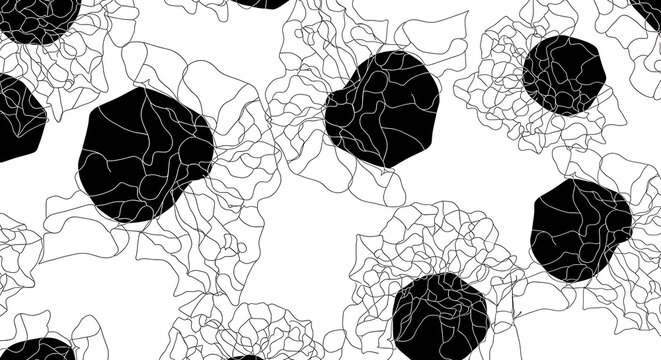 Abstract black and white pattern with geometric shapes and floral outlines. - Powered by Adobe