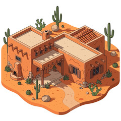 Stylized Isometric Adobe House Illustration in Arid Desert Landscape